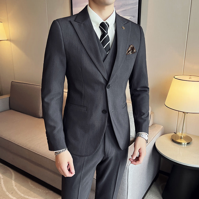 Three-piece Slim Korean Style Double Buckle Solid Color Light Business Suit