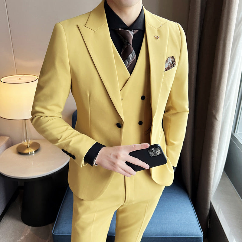 Three-piece Slim Korean Style Double Buckle Solid Color Light Business Suit