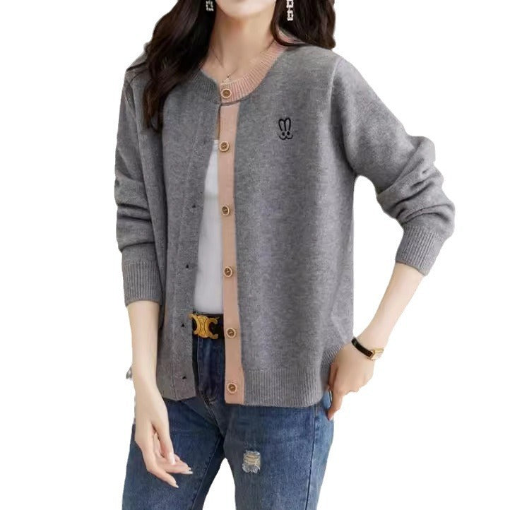 Round Neck Wool Knit Cardigan Women's Loose Western Style Outer