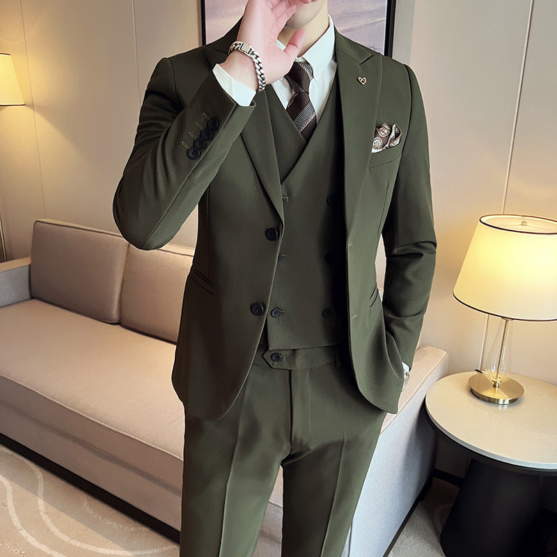 Three-piece Slim Korean Style Double Buckle Solid Color Light Business Suit