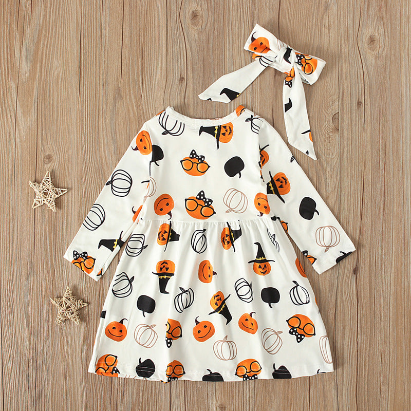 Children&#039;s European And American Spring And Autumn Fashionable Girl&#039;s Halloween Pumpkin Pattern Long-sleeved Dress Set Ins