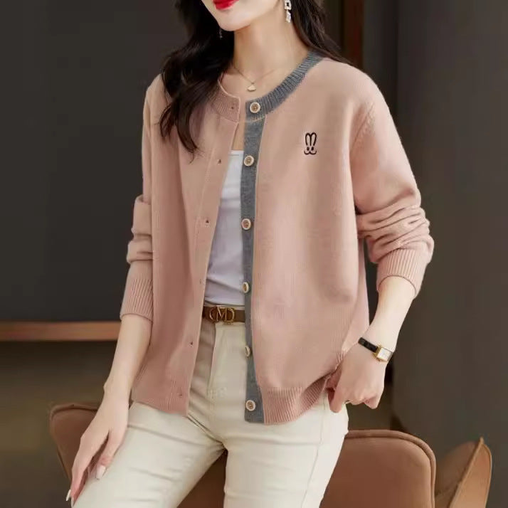 Round Neck Wool Knit Cardigan Women's Loose Western Style Outer