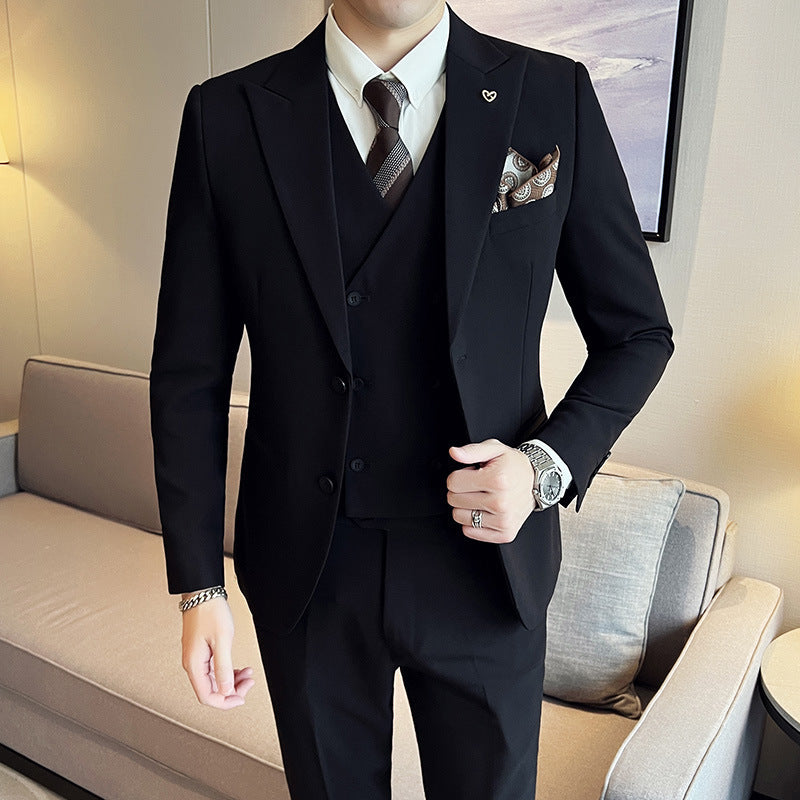 Three-piece Slim Korean Style Double Buckle Solid Color Light Business Suit