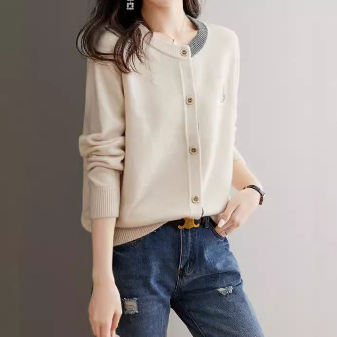 Round Neck Wool Knit Cardigan Women's Loose Western Style Outer