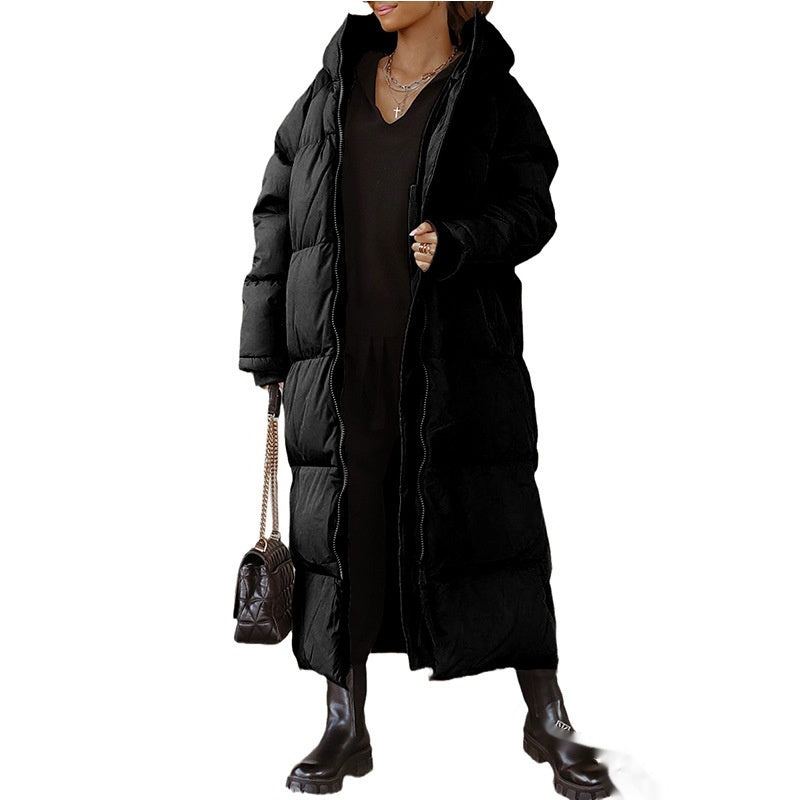 Hooded Solid Color Long Casual Zip Coat