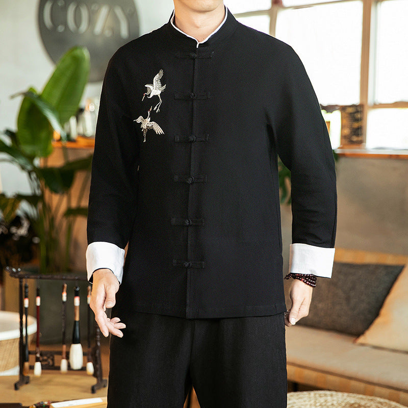 Chinese Style Cotton And Linen Embroidered Men's Casual Long-sleeved Shirt