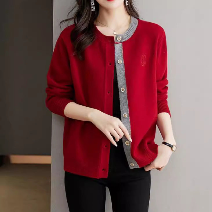 Round Neck Wool Knit Cardigan Women's Loose Western Style Outer