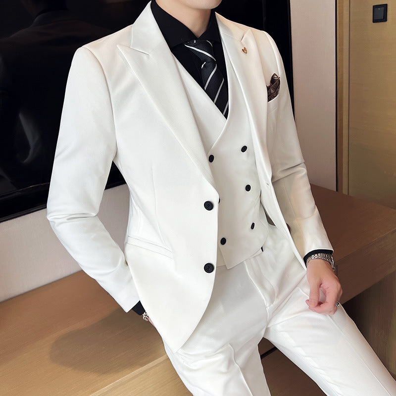 Three-piece Slim Korean Style Double Buckle Solid Color Light Business Suit