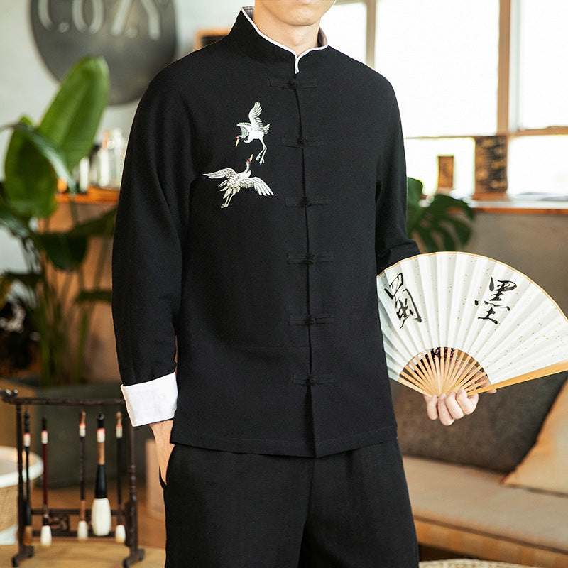 Chinese Style Cotton And Linen Embroidered Men's Casual Long-sleeved Shirt