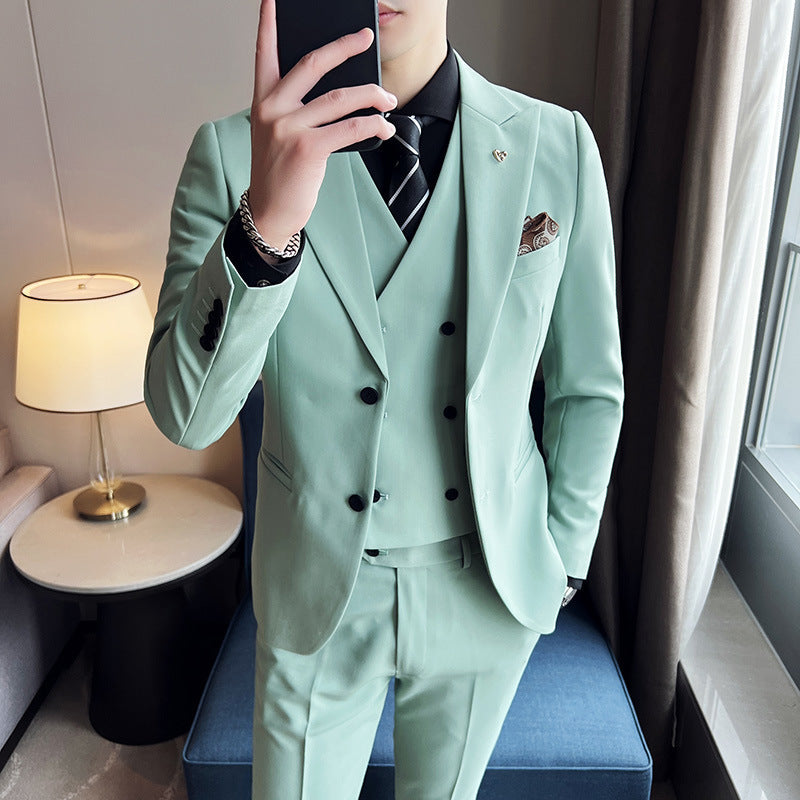 Three-piece Slim Korean Style Double Buckle Solid Color Light Business Suit