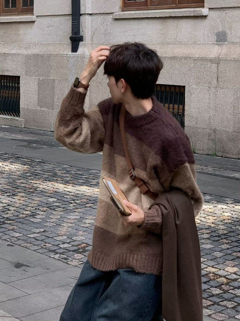 Men's Idle Style Vintage Brown Striped Loose Sweater