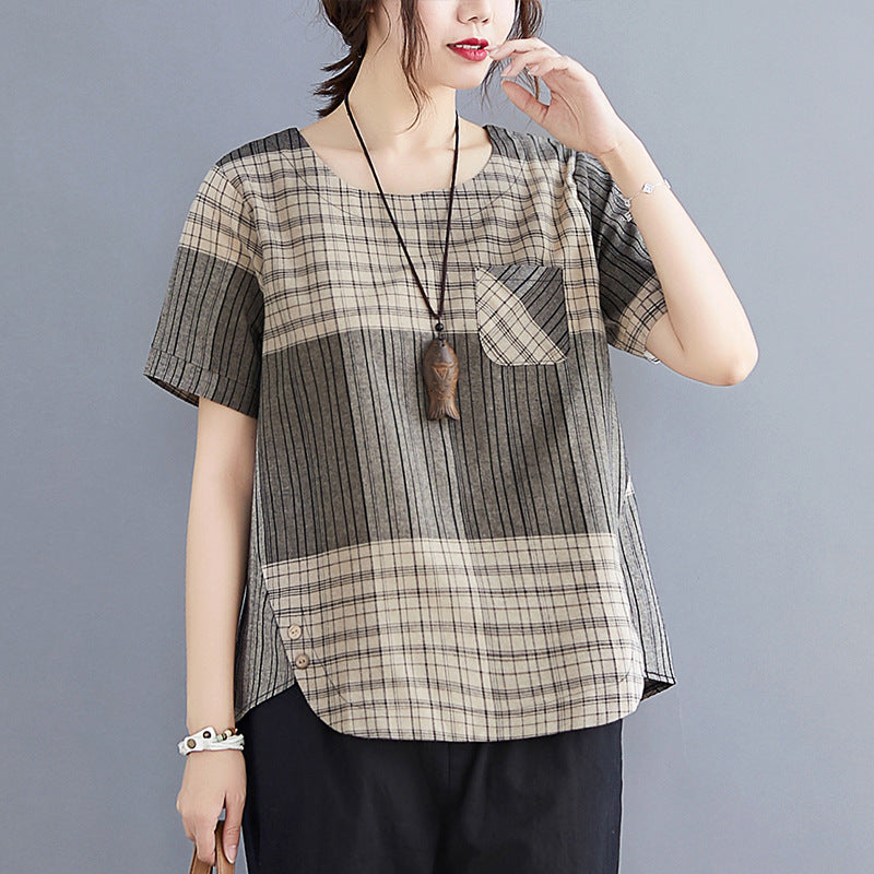 Artistic Plaid Cotton And Linen T-shirt Wear Pullover Round Neck Short Sleeve Top