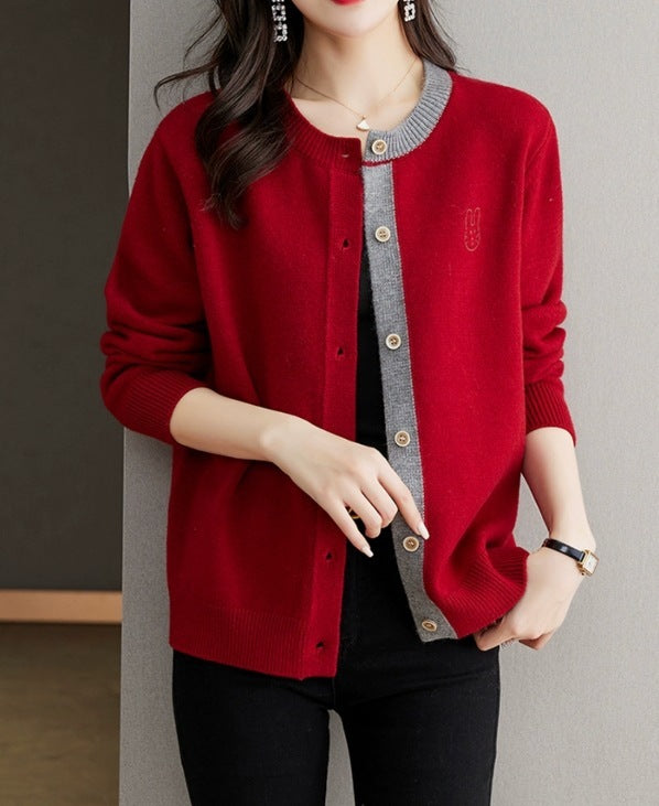 Round Neck Wool Knit Cardigan Women's Loose Western Style Outer