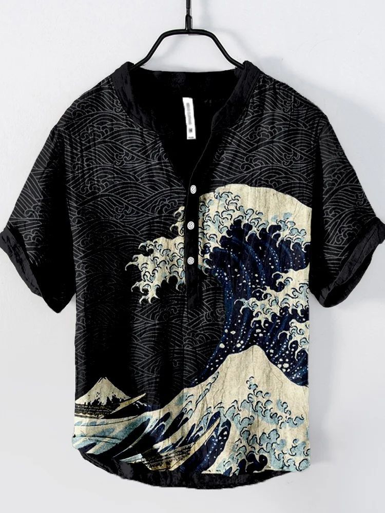 Literary Men's Ocean Print Linen Short Sleeve Loose Casual Top