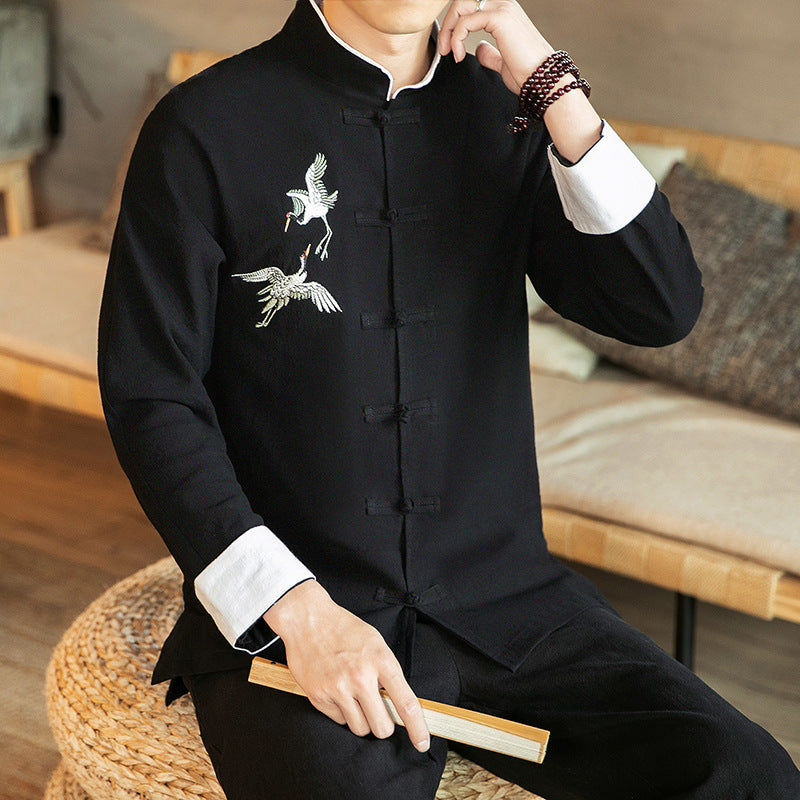 Chinese Style Cotton And Linen Embroidered Men's Casual Long-sleeved Shirt