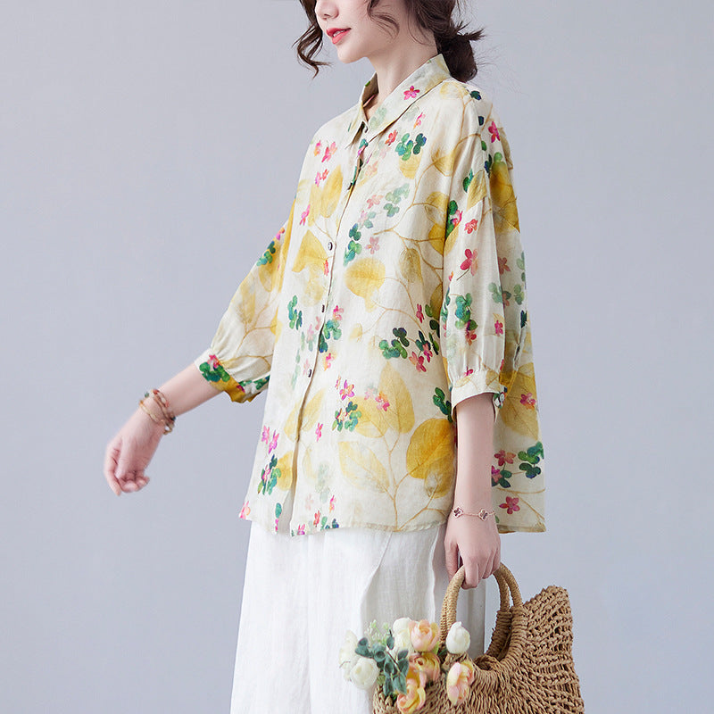 Women's Loose Retro Western Style Elegant Floral Cotton And Linen Shirt