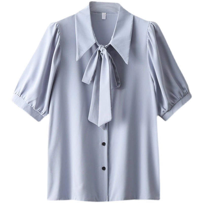 Smoke Blue Short-sleeved Chiffon Shirt Korean Style Ribbon Top Design Sense