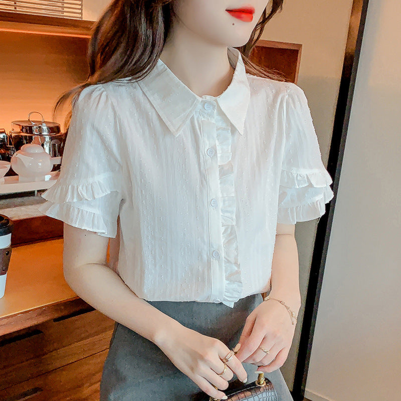 Sweet Design White Shirt For Women Niche Top Ruffled Short Sleeves