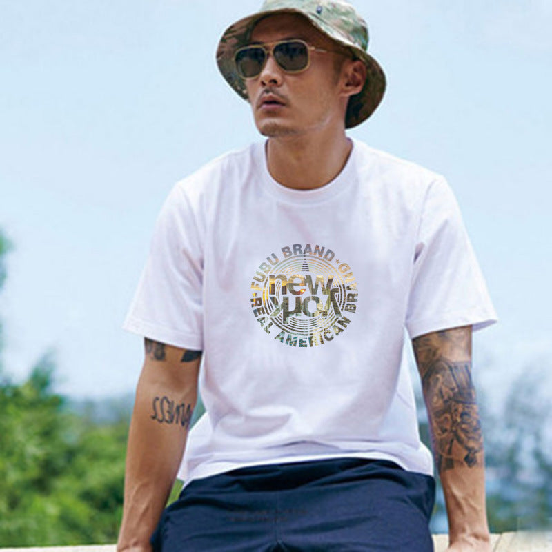 Summer Round Neck White Cotton Loose Men's Half Sleeve T-Shirt