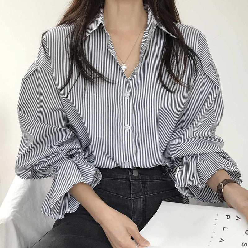 Lapel Contrast Color Striped Single-breasted Loose All-match Puff Sleeve Shirt