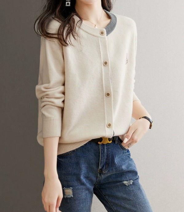 Round Neck Wool Knit Cardigan Women's Loose Western Style Outer