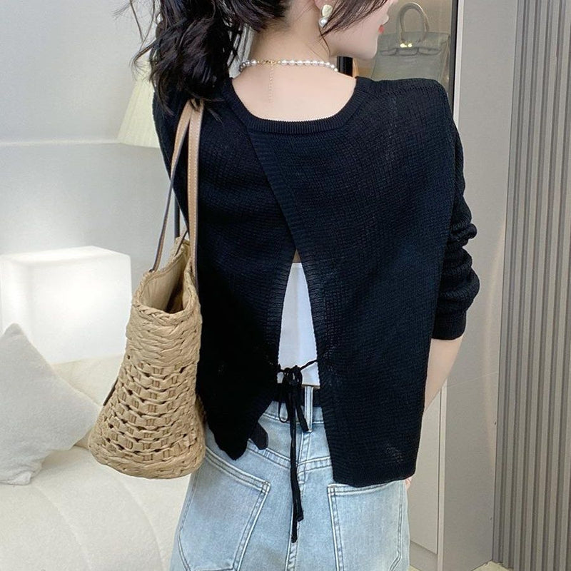 Thin Lace Up Knitted Top Women's Design New Long Sleeve