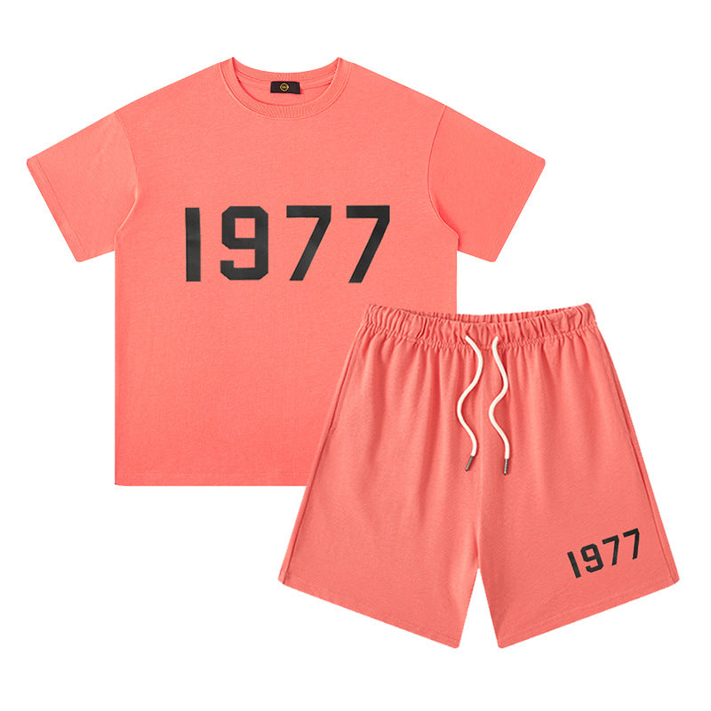 Children&#039;s Clothing European And American High Street FOG Letter 1977 Printed Short Sleeve Shorts Set For Boys And Girls  Children&#039;s Clothing