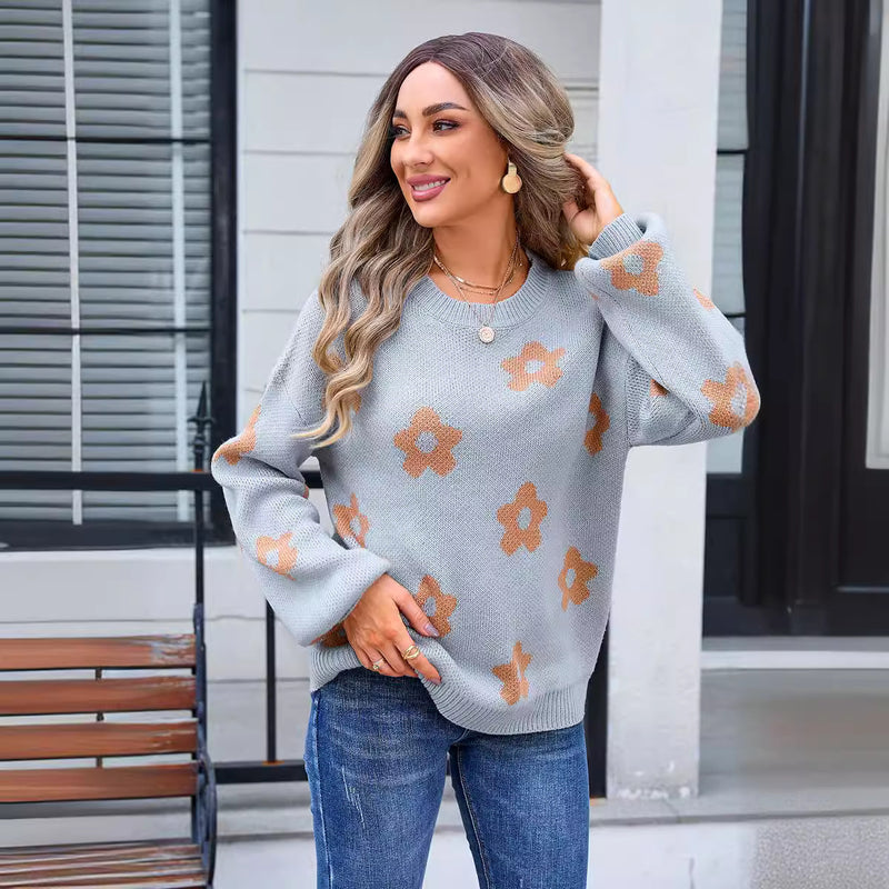 Women's Sweater Flower Long Sleeve Round Neck