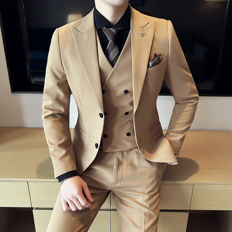 Three-piece Slim Korean Style Double Buckle Solid Color Light Business Suit