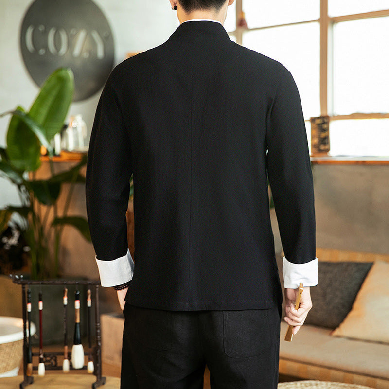 Chinese Style Cotton And Linen Embroidered Men's Casual Long-sleeved Shirt