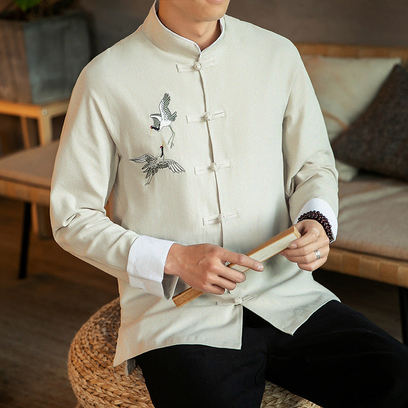 Chinese Style Cotton And Linen Embroidered Men's Casual Long-sleeved Shirt