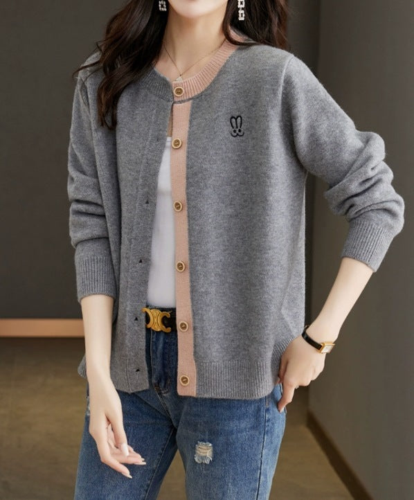 Round Neck Wool Knit Cardigan Women's Loose Western Style Outer