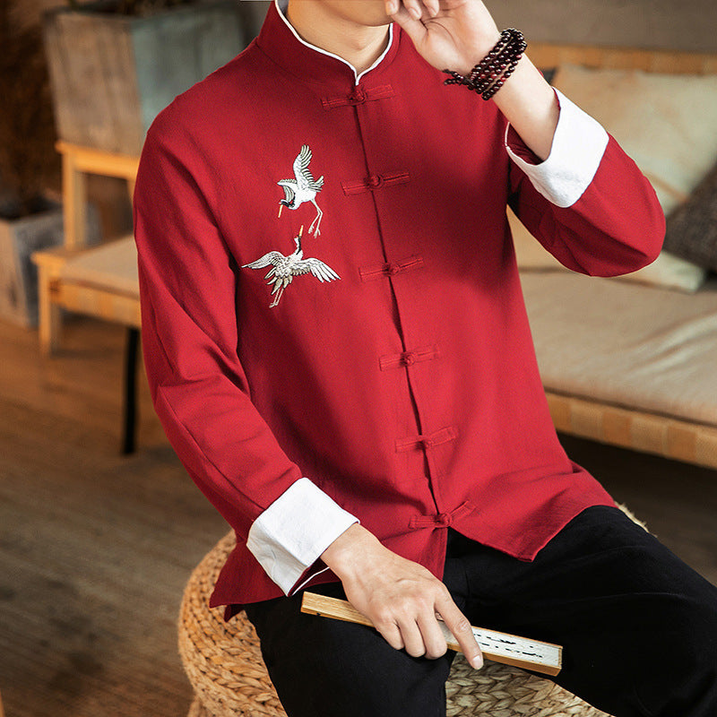 Chinese Style Cotton And Linen Embroidered Men's Casual Long-sleeved Shirt