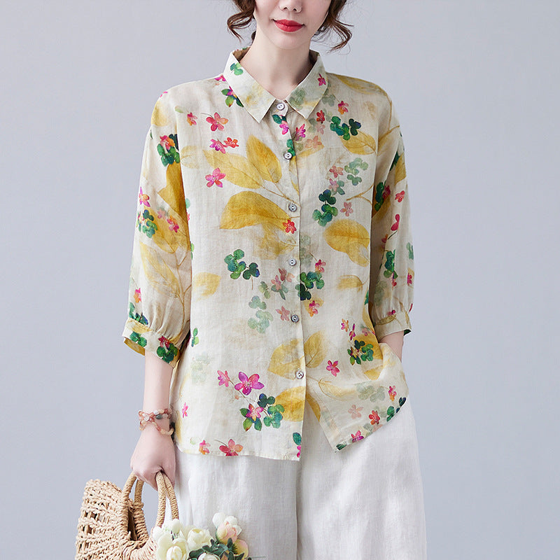 Women's Loose Retro Western Style Elegant Floral Cotton And Linen Shirt