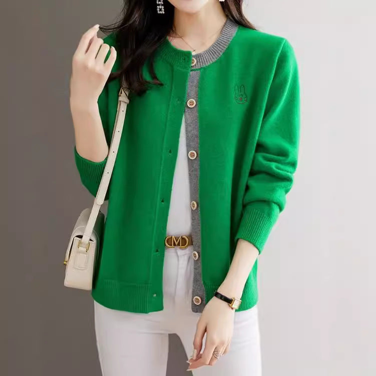 Round Neck Wool Knit Cardigan Women's Loose Western Style Outer