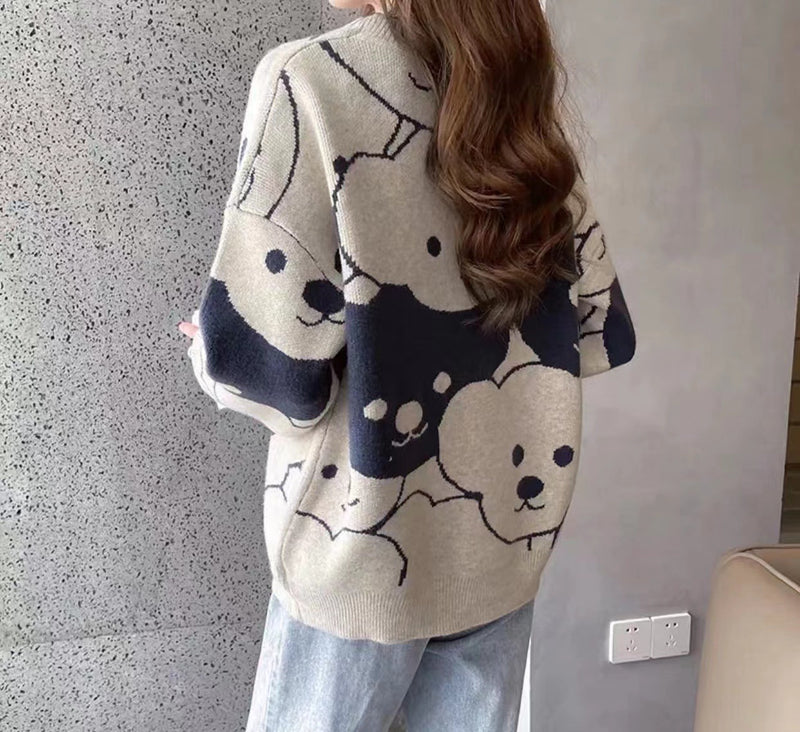 Crew Neck Loose Cartoon Bear Sweater Female Korean Version Pullover Knitted