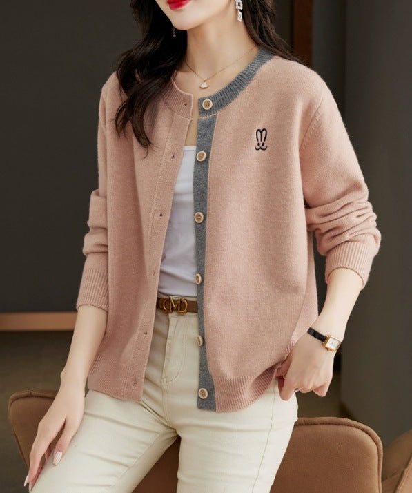 Round Neck Wool Knit Cardigan Women's Loose Western Style Outer