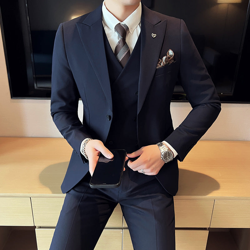 Three-piece Slim Korean Style Double Buckle Solid Color Light Business Suit