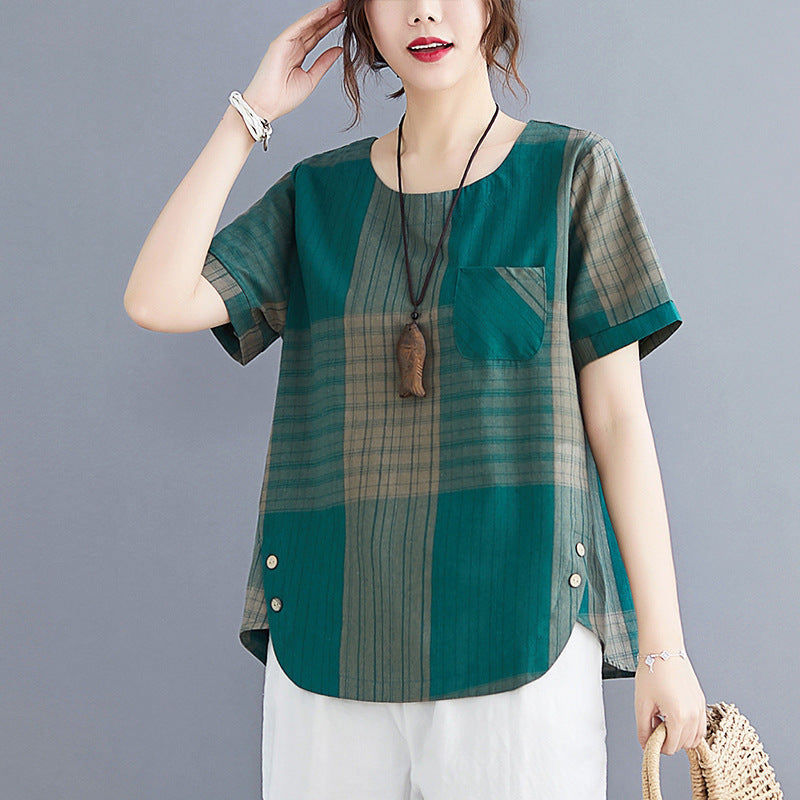 Artistic Plaid Cotton And Linen T-shirt Wear Pullover Round Neck Short Sleeve Top